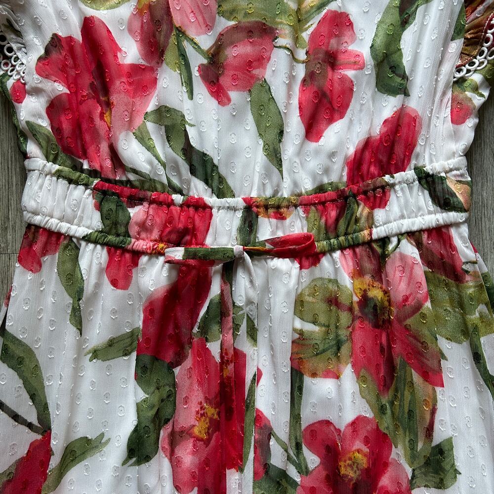 Anne Klein White Red Green Floral Short Sleeve Tier Long Maxi Dress Size Medium - Picture 4 of 11